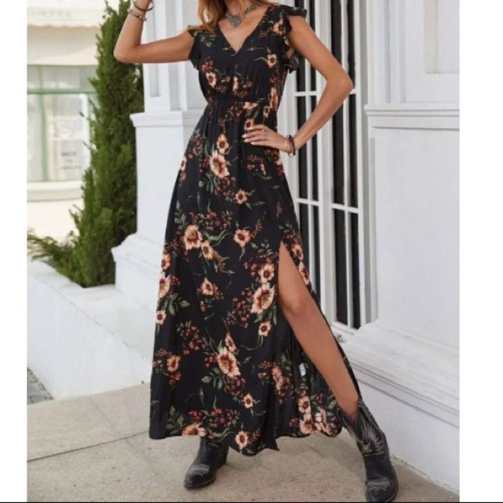 Boho floral print slit thigh maxi dress - Picture 9 of 16